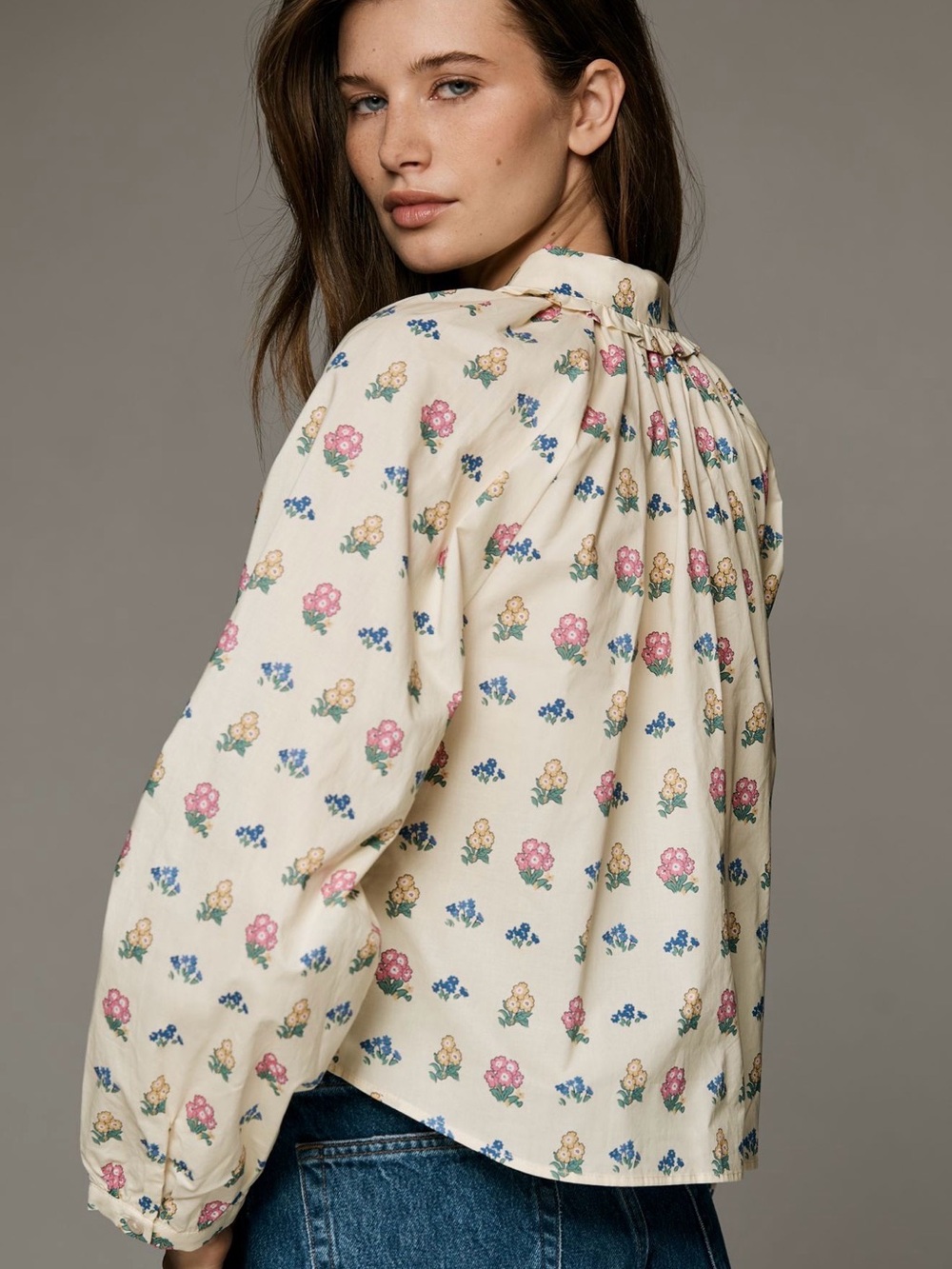 Lisa Says Gah Cream Floral Tie-Neck Blouse with Pink & Blue Accents - Picture 2 of 5